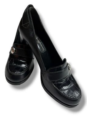 Brighton Debra black croc-embossed leather block heel loafers silver-tone 7.5
